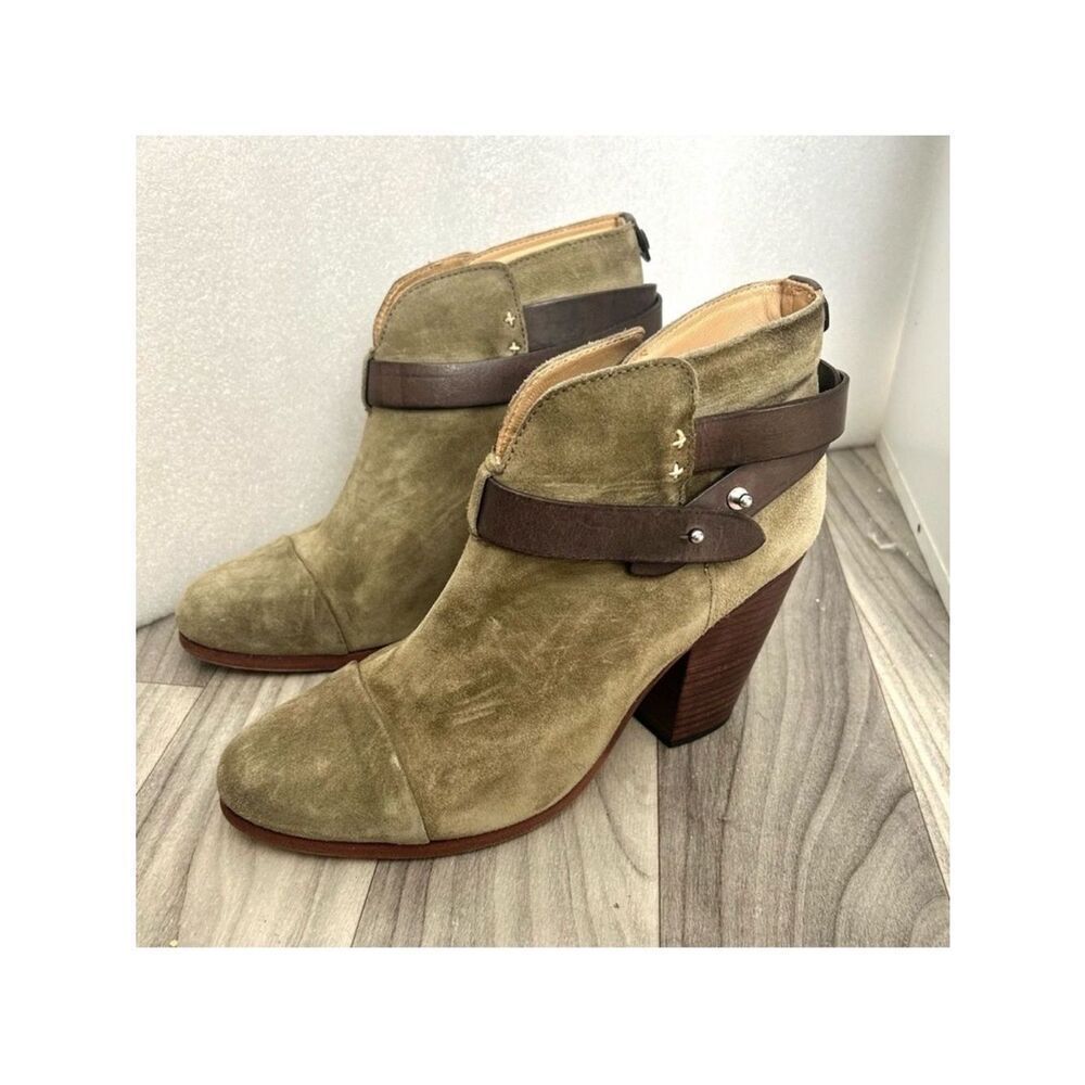 Rag & Bone 39 Harrow Camo Green Stacked Brown Heel Suede Leather Ankle Boots